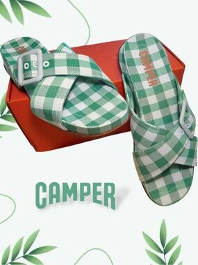 Camper Atonik Gingham Sandals Green White Size 7 NIB Pristine Condition
